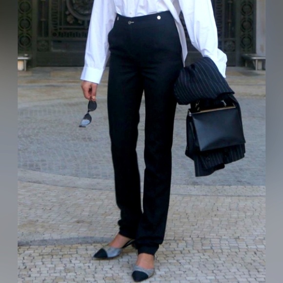 St. John Pants - St. John Sport Marie Gray Trousers Straight Leg Denim Black Gold Buckle